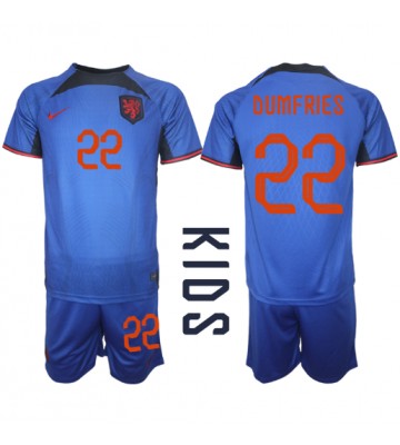 Netherlands Denzel Dumfries #22 Replica Away Stadium Kit for Kids World Cup 2022 Short Sleeve (+ pants)